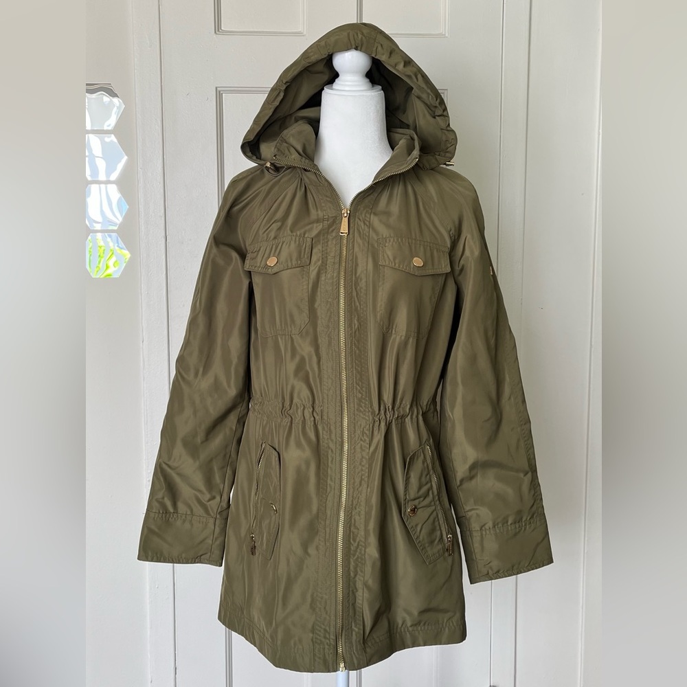 Michael Kors Jacket Womens Medium Dark Green Windbreaker Hood Lightweight Casual
